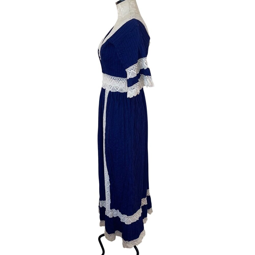 Vintage Womens Dress Size Small Blue Mexican Sleeve Crochet Lace Pintuck Cotton - Picture 2 of 14